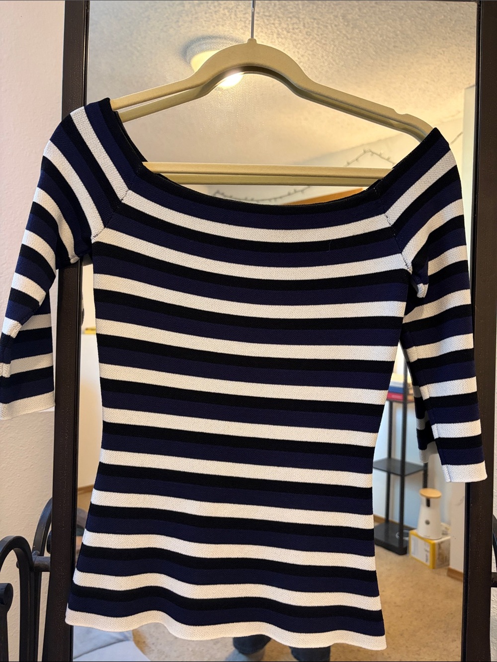 Striped Boatneck Knit Sweater - Navy & White